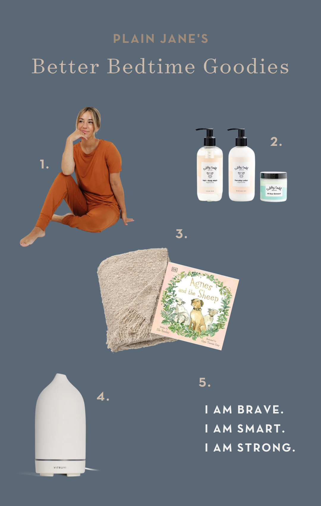 Graphic that reads "Plain Jane's Better Bedtime Goodies" featuring 5 pictures of our favorite things to add to bedtime